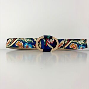 Women's Floral Satin Embroidered Belt Gold Oval Buckle Boho‎ Vintage Style 35"
